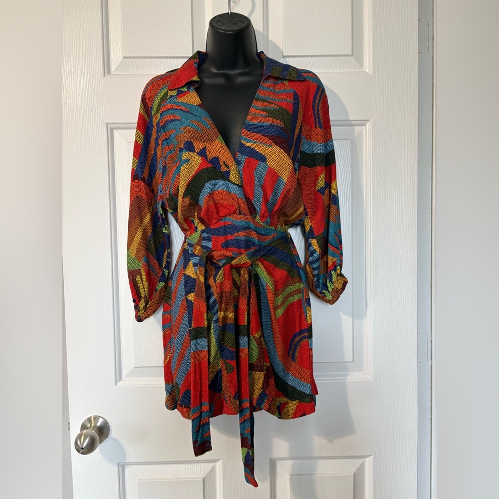 Farm Rio Abstract Faux Wrap Long Sleeve Colorful Brazil Dress Size X-Small PP